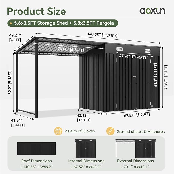 Aoxun 5.6x3.5FT Outdoor Storage Shed & Hardtop Gazebo Combo | 12x3.5FT Metal - Image 2