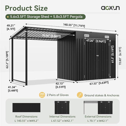 Aoxun 5.6x3.5FT Outdoor Storage Shed & Hardtop Gazebo Combo | 12x3.5FT Metal - Image 2