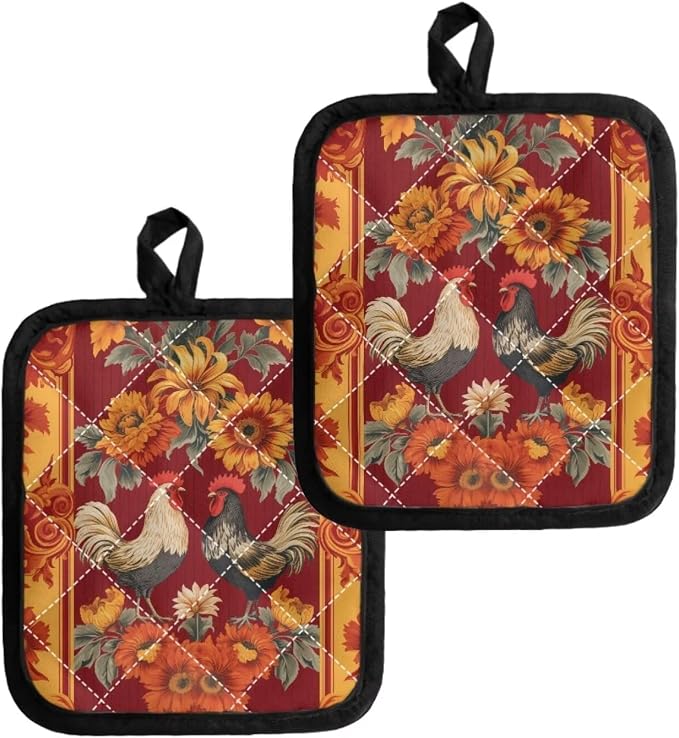 Black White Chicken Red Flowers Pot Holders Sets Heat Resistant Oven Hot Pads - Image 2