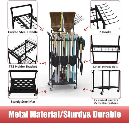 Garden Tool Organizer with Wheels, Heavy Duty Rolling Yard Tool Rack with 14 - Image 3