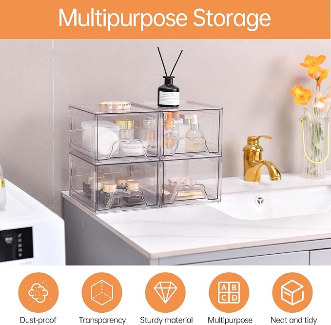 4 Pack Stackable Makeup Organizer, 4.4'' Tall Acrylic Bathroom Makeup Organizer - Image 4