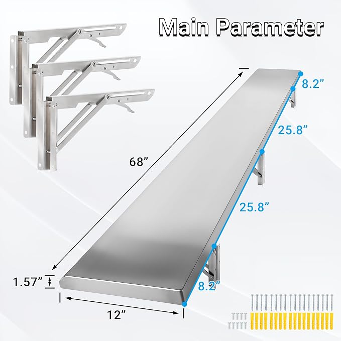 Stainless Steel Folding Concession Shelf 68" x 12" | Heavy Duty Drop Down - Image 3