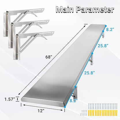 Stainless Steel Folding Concession Shelf 68" x 12" | Heavy Duty Drop Down - Image 3