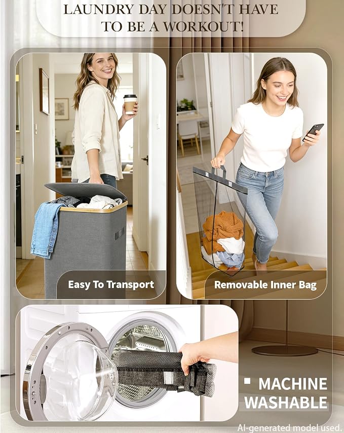 Laundry Hamper with Wheels, 75L Large Clothes Hamper with Removable Inner Bag - Image 3