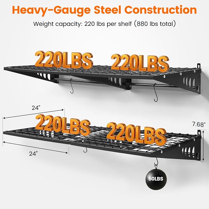 Garage Shelving 2x2ft 4-Pack, Garage Storage Rack 24"x24" Metal Shelves Black - Image 3