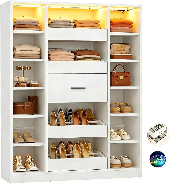 Besiost 40" Closet System with Lights, Wood Closet Organizer with 5 Drawers | by Besiost