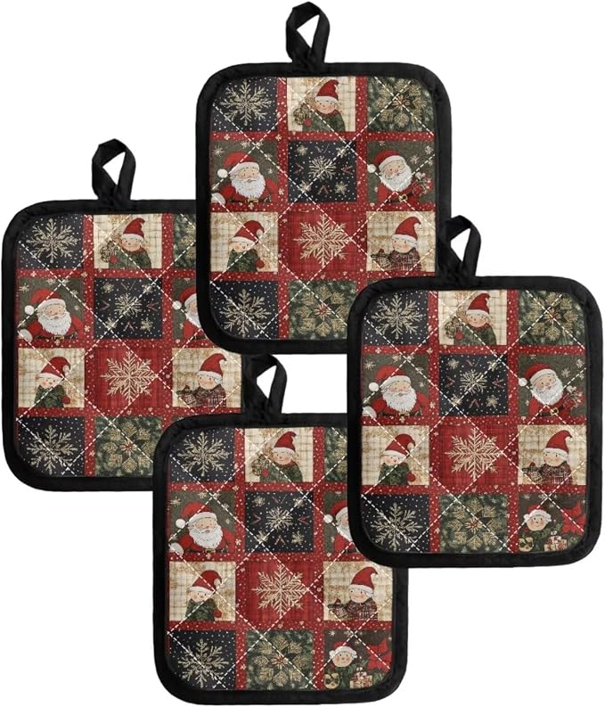 Christmas Red Santa Claus Buffalo Plaid Pot Holders 2 Set, Heat Resistant Oven - Image 4