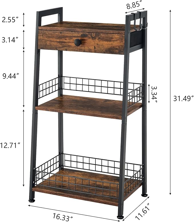 3-Tier Ladder Shelf with Drawer, Bathroom Stand Floor Storage Shelf, - Image 3