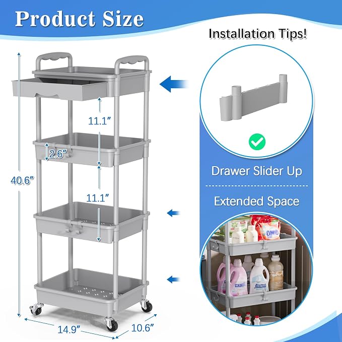 SUNALLY 4 Tier Rolling Utility Cart - Image 2