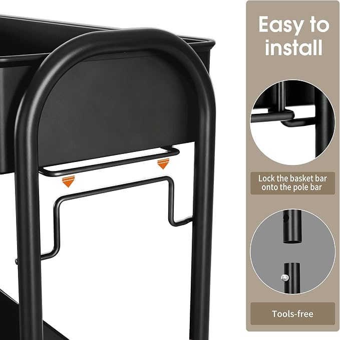 Slim Rolling Cart, Metal Frame Utility Rolling 3-Tier Narrow Storage Cart | - Image 6
