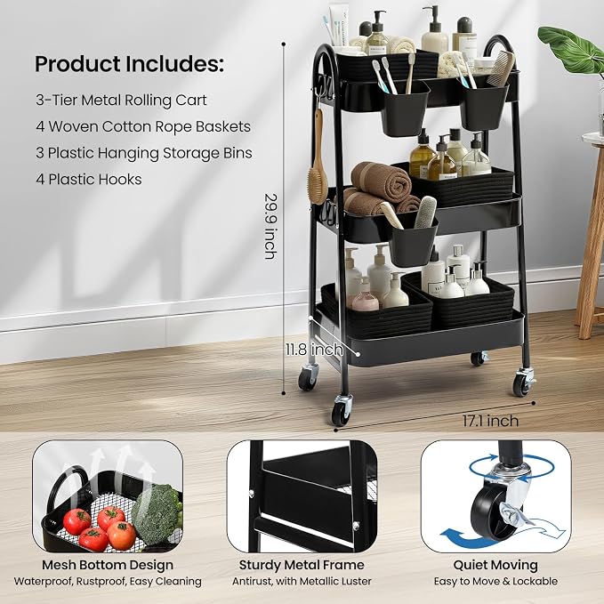 3-Tier Rolling Utility Cart - Image 2