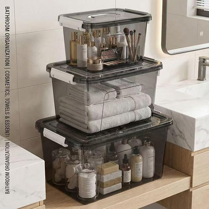 Plastic Storage Bins with Lids, 3 Pack Mixed Sizes Clear Black Stackable - Image 4