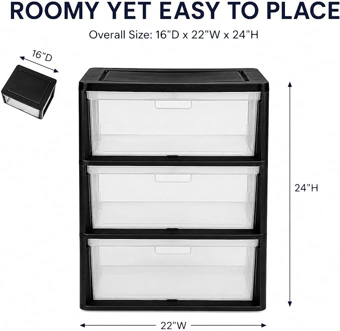 3 Drawer Plastic Storage Tower Wide Organizer - Image 2