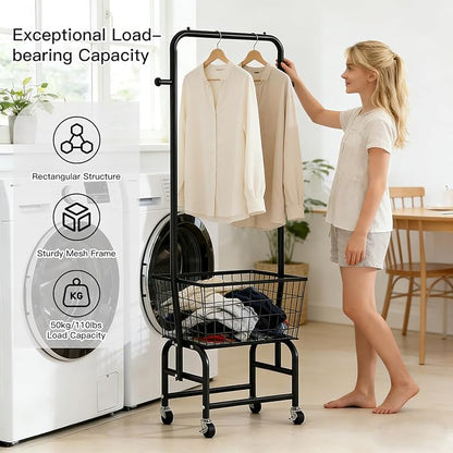 Rolling Laundry Cart with Hanging Rack Metal Laundry Basket with Wheels Laundry - Image 3