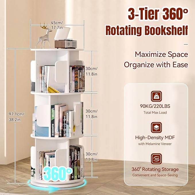 3-Tier 360° Rotating Bookshelf, Round Floor Standing Bookcase - Image 3
