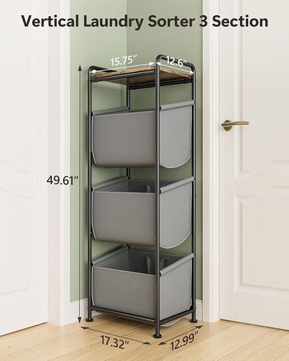 3 Section Laundry Sorter with Removable Bags, 120L Vertical Laundry Hamper with - Image 8