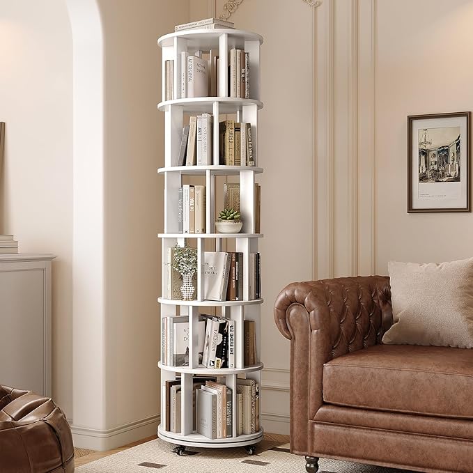 IUNVR Rotating Bookshelf, 6 Tier Solid Wood Bookshelf Tower by IUNVR