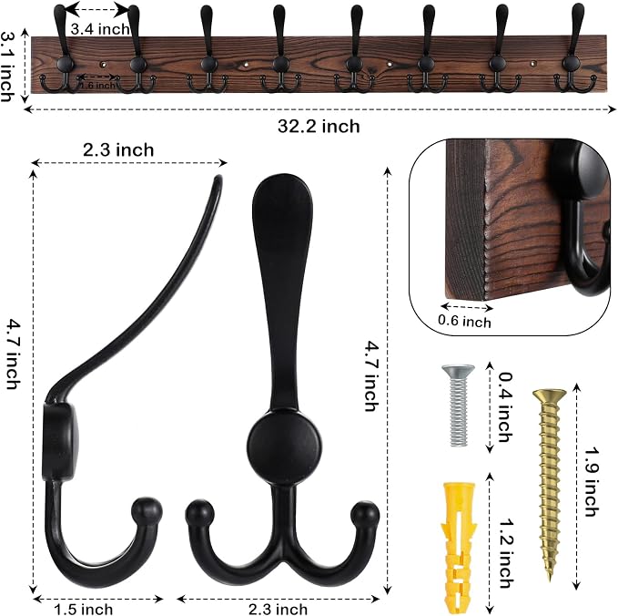 32.2'' Large Coat Rack Wall Mount Coat Hooks Coat Hanger - Image 2
