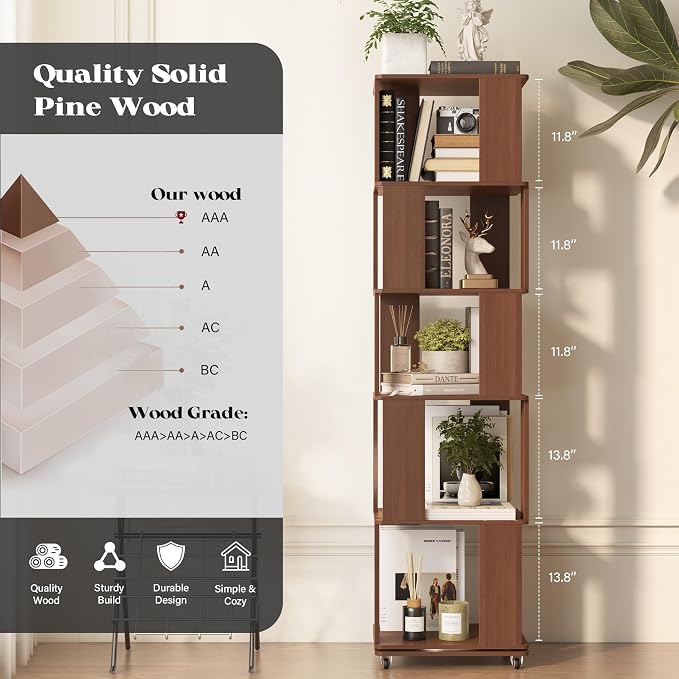 5 Tier Solid Wood Rotating Bookshelf Tower on Wheels, 360° Upgrade Spinning - Image 2