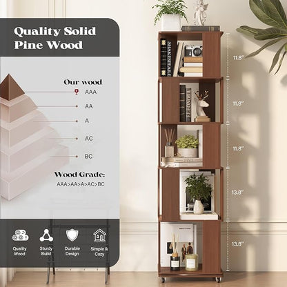 5 Tier Solid Wood Rotating Bookshelf Tower on Wheels, 360° Upgrade Spinning - Image 2