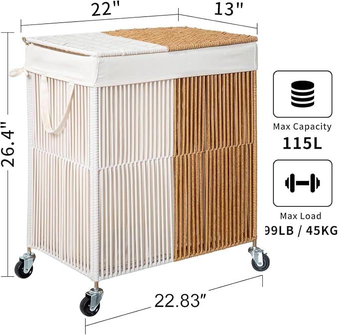WOWLIVE Laundry Hamper with Wheels, Handwoven Rolling Laundry Basket with Lid - Image 4