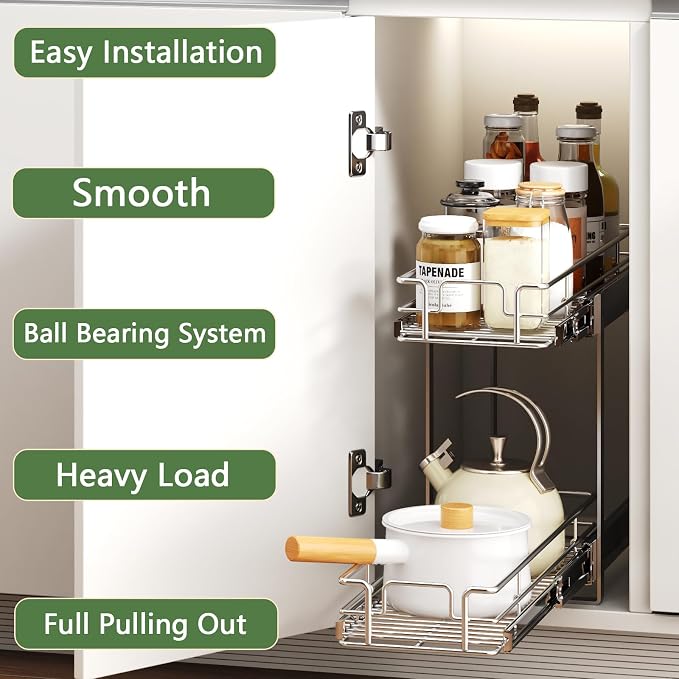 2 Tier Individual Pull Out Cabinet Organizer 9" W x 21½" D, Heavy Duty Cabinet - Image 2