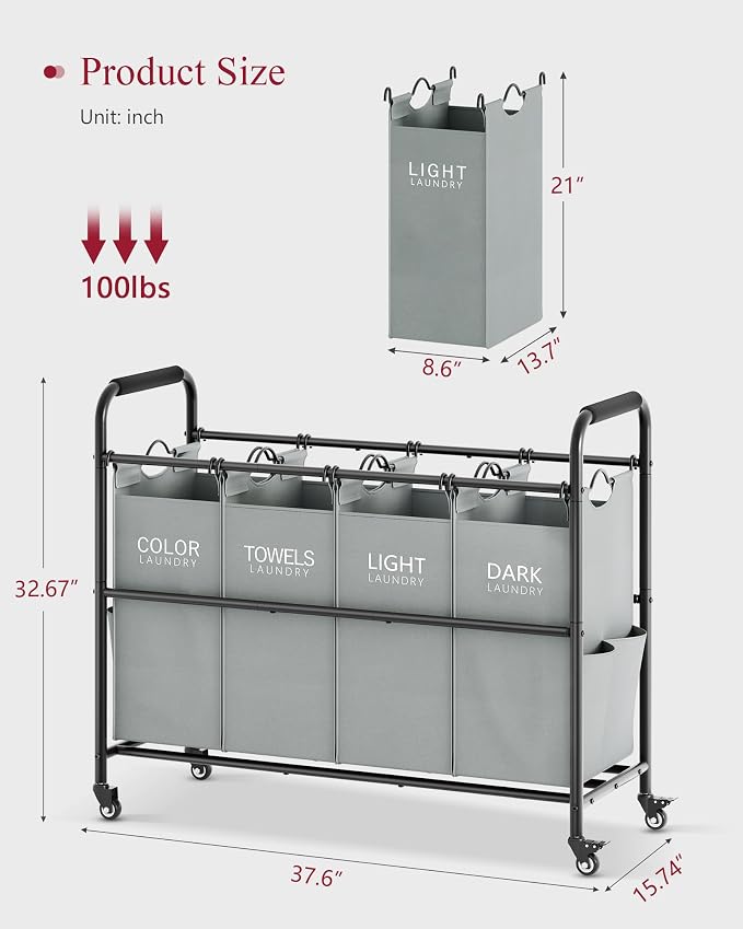 Tajsoon 4 Bag Laundry Sorter Cart, 4 Section Laundry Hamper Sorter - Image 7