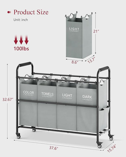 Tajsoon 4 Bag Laundry Sorter Cart, 4 Section Laundry Hamper Sorter - Image 7