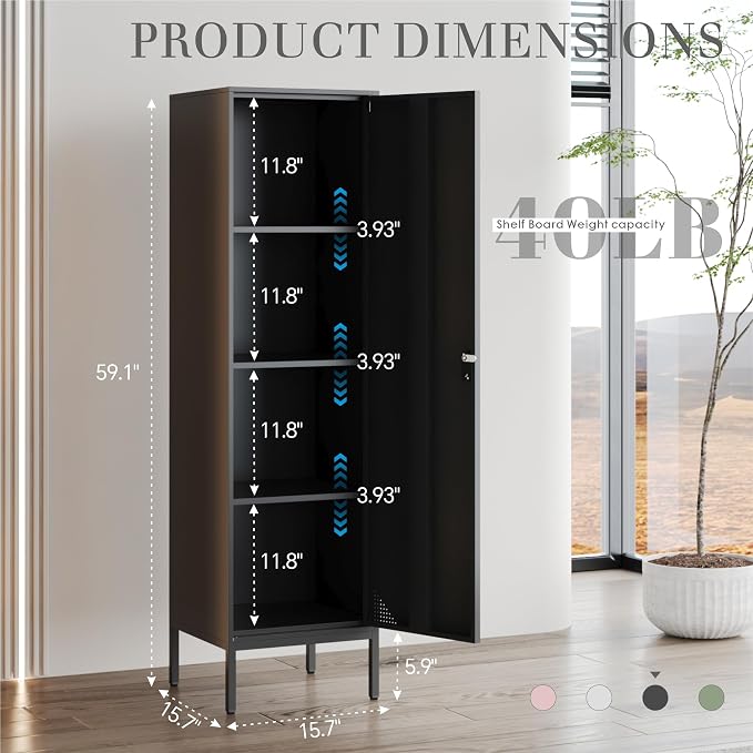 Black Metal Locker Cabinet, 59.1" Lockable Storage Locker - Image 3
