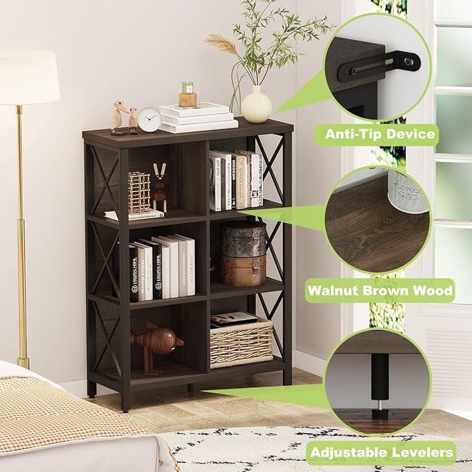 FATORRI 6 Cube Storage Organizer Shelf, Rustic Wood and Metal Cubby Bookcase - Image 5