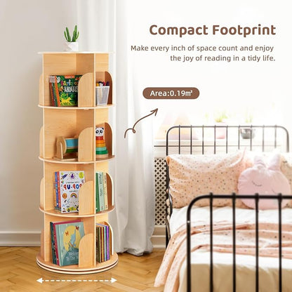 OOOK 4-Tier Rotating Bookshelf Tower, 360°Display Wooden Spinning Bookcase | - Image 7
