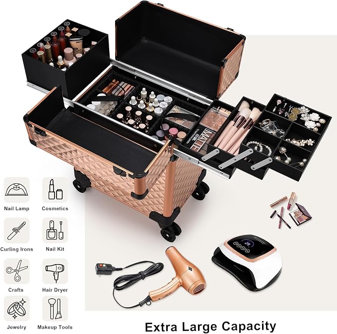 Stagiant Rolling Makeup Train Case Large Storage Cosmetic Trolley 4 Tray - Image 2