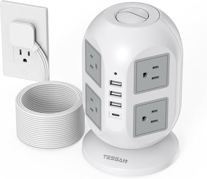 Tower Surge Protector Power Strip 15 ft, TESSAN Long Flat Extension Cord by TESSAN