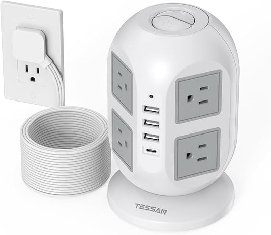 Tower Surge Protector Power Strip 15 ft, TESSAN Long Flat Extension Cord by TESSAN