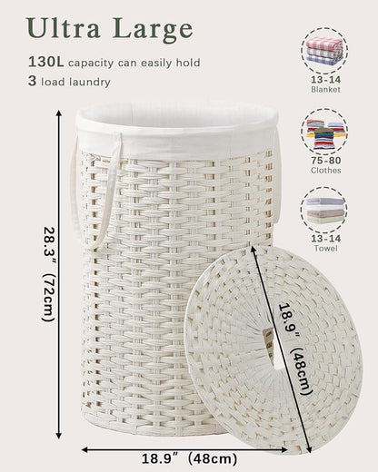 Large Laundry Hamper Laundry Basket Round 34.3 Gal Handwoven Wicker Laundry - Image 4