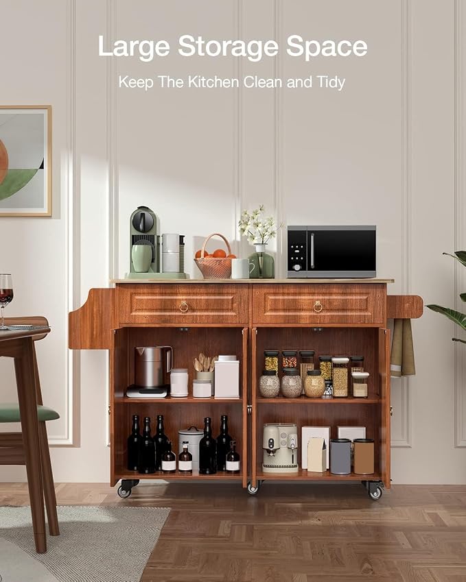 Kitchen Island with Drop Leaf and Storage, on Wheels Two Drawers, Large Storage - Image 3