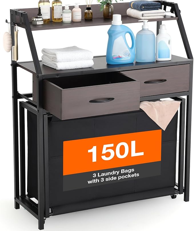 Laundry Hamper with Shelf, 2 Tier Rolling Laundry Hamper 3 section, Laundry by RYNSTO