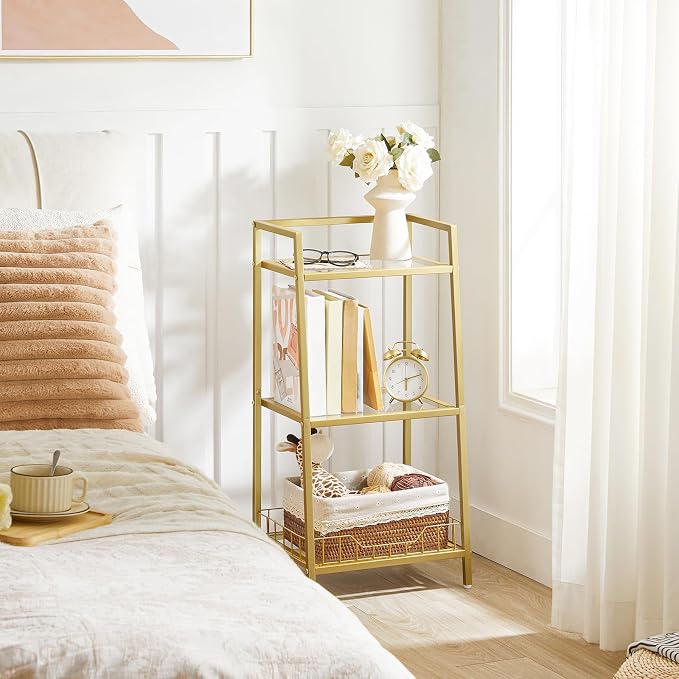 HOOBRO Gold Glass Shelf Stand, 3 Tier Standing Shelf Unit, Bathroom Organizer - Image 2
