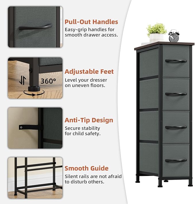 Somdot Narrow Dresser for Bedroom, 4 Drawer Storage Cabinet, Charcoal Grey | - Image 5