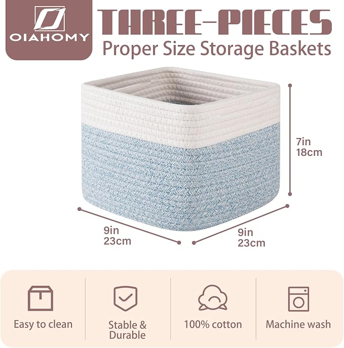 OIAHOMY 9”x9”x7” Storage Cubes, Cotton Rope Woven Baskets - Image 2