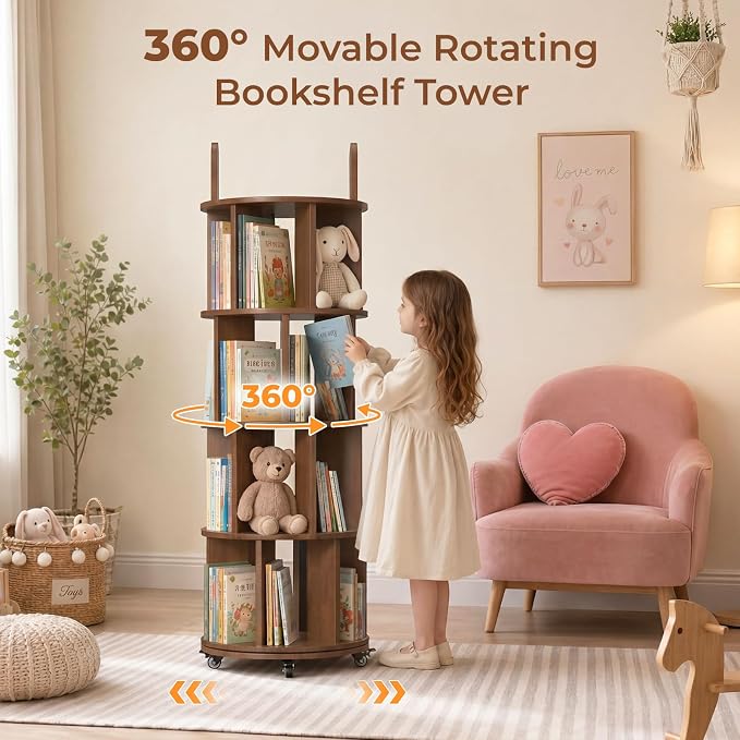 Kryonix 4 Tier Solid Wood Rotating Bookshelf on Wheels, Spinning Bookcase | - Image 3
