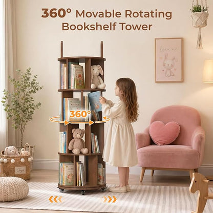 Kryonix 4 Tier Solid Wood Rotating Bookshelf on Wheels, Spinning Bookcase | - Image 3