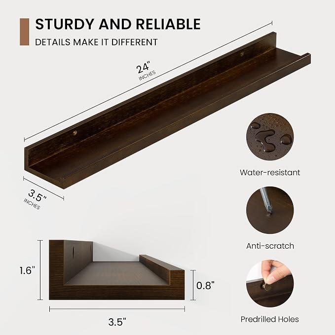 Picture Ledge Shelf, Solid Pine Wood Floating Shelves Set of 2, 24 Inches - Image 3