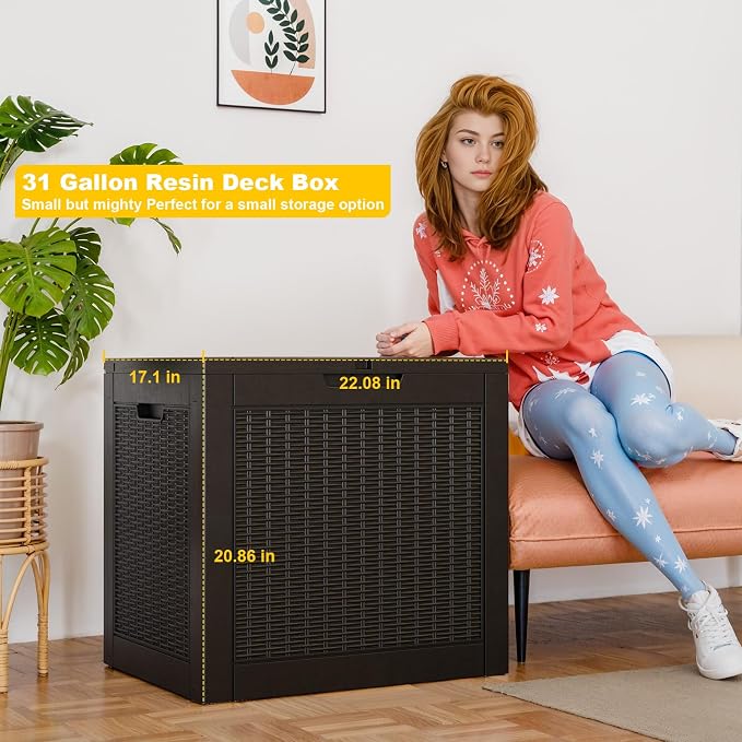 30 Gallon Wicker Pattern Resin Deck Box, Lockable Patio Outdoor Storage Box - Image 3