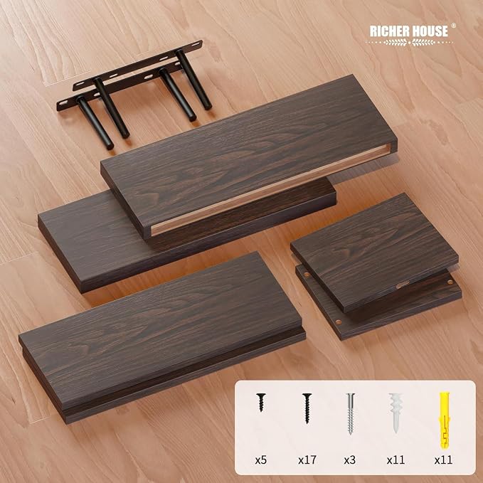 RICHER HOUSE 3-Set Walnut Floating Wall Shelves, Bathroom Shelf Over Toilet | - Image 3