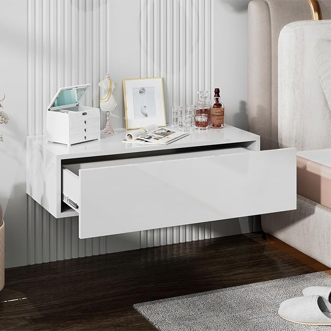 HedoAjim White Modern Floating Wall Mounted Nightstand by HedoAjim