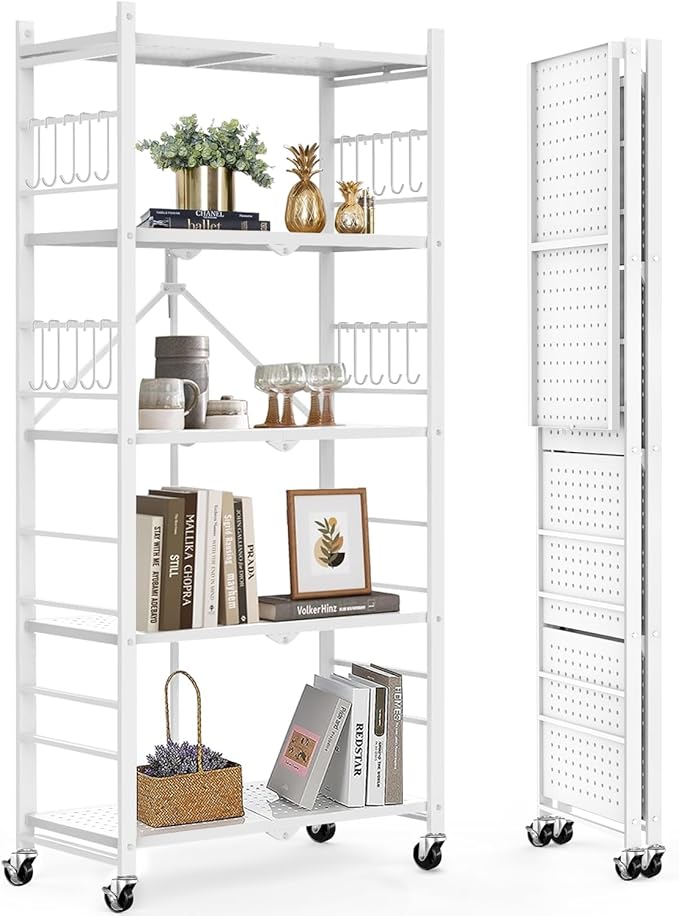 Himix Storage Shelves with 20 Hooks, 5-Tier Foldable Shelves by Himix