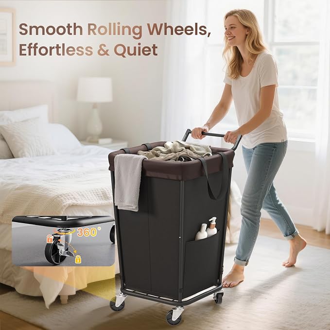160L Laundry Hamper with Wheels and Handle, 2-Section Rolling Hamper - Image 3