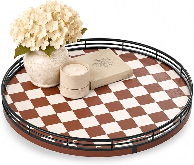 Brown Checkered Lazy Susan Decorative Tray, 12 Inch Round Rotating Tray by AMH