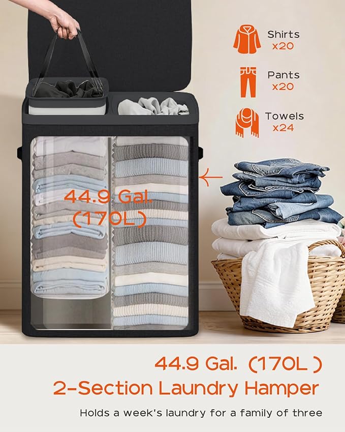 CASAMAYA Laundry Basket with Lid, Laundry Hamper 2 Section, 170L collapsible - Image 3